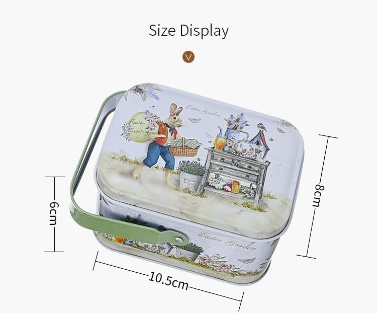 Easter Rabbit Metal Storage Tin with Handle (Style A) - 4.1" Vintage Garden Bunny Treat Box, Decorative Floral Tinplate Organizer for Easter Eggs
