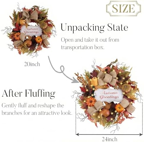valery madelyn 24'' collapsible pre-lit fall pumpkin wreath showing dimensions