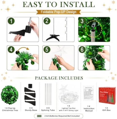 5ft pop up christmas tree with lighted top, side view