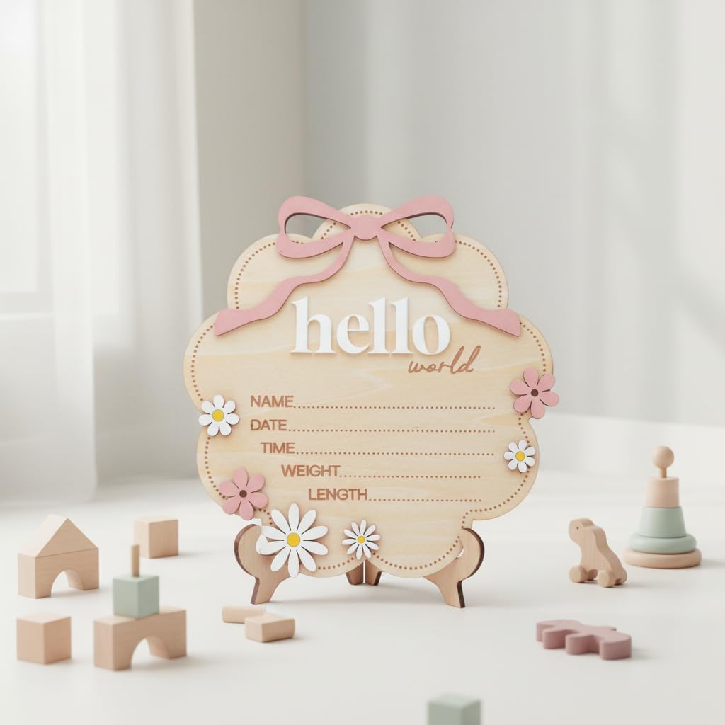 Hello World Wooden Baby Birth Announcement Sign with Pink Bow, Cloud Shape Floral Newborn Name Date Time Weight Length Board, Baby Girl Nursery Photo Prop (Light Pink)