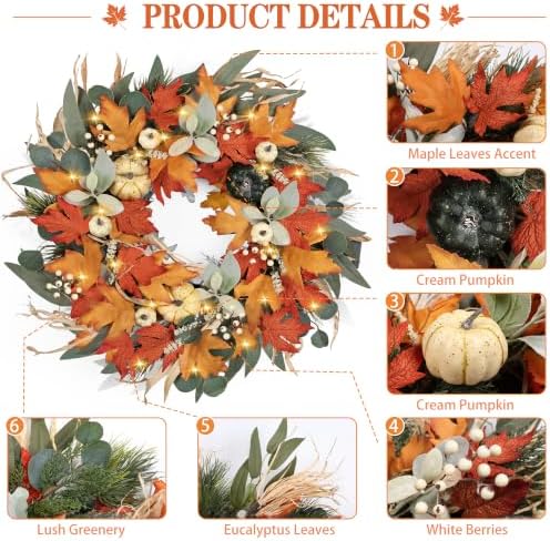 realistic fall wreath with lights/timer 24 inch fall shown in use