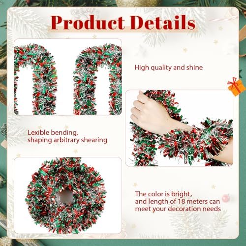 295 feet christmas tinsel garland, red, green, silver, close-up detail