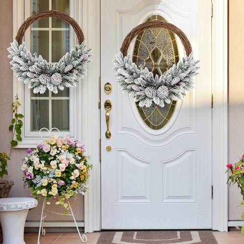 goflame 24” pre-lit artificial christmas wreath, snow flocked, front angle view