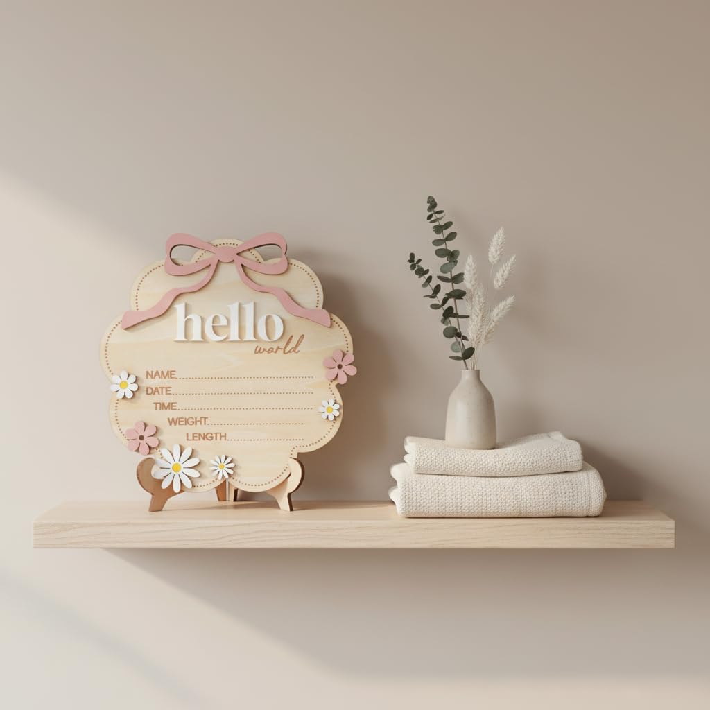 Hello World Wooden Baby Birth Announcement Sign with Pink Bow, Cloud Shape Floral Newborn Name Date Time Weight Length Board, Baby Girl Nursery Photo Prop (Light Pink)