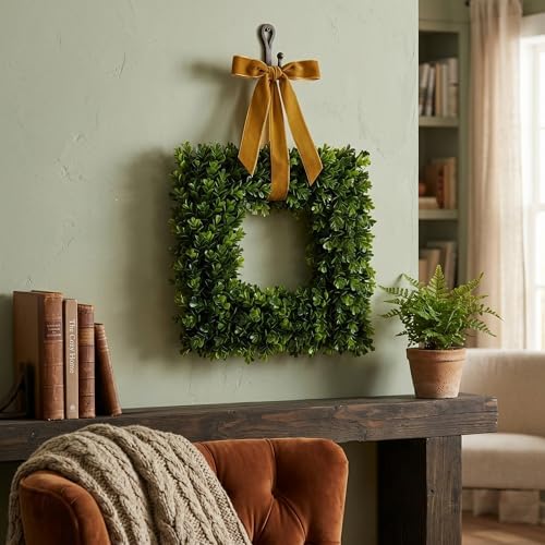 pure garden square boxwood wreath for front door on a desk or shelf