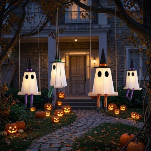 halloween swinging ghost outdoor decor, spooky hanging ghosts, front angle view