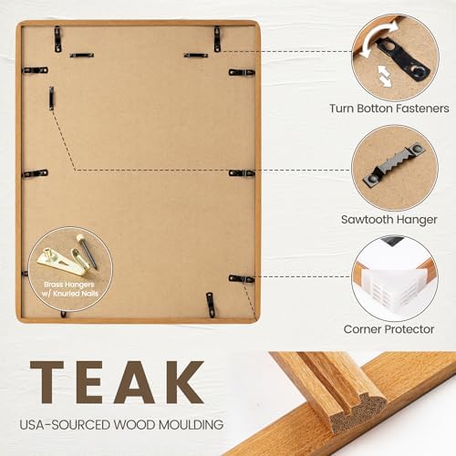 flyjoe 11x14 picture frame, solid teak wood frame showing dimensions