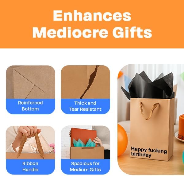 MilkToast Brands Funny Profanity Gift Bag, 11" x 8" x 4" Size, Happy Fucking Birthday, Reusable Brown Kraft Paper Swear Word Bag for Father's Day, White Elephant, and Birthday Gifts