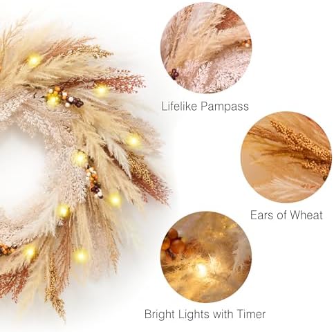 decorbyhannah 24'' neutral fall pampas wreath with lights, close-up detail