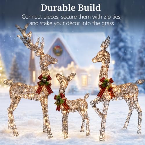 3d brown rattan christmas deer set, 210 leds showing dimensions