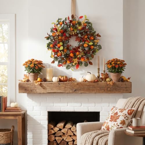 fall eucalyptus lantern pods wreath 22 inch front, close-up detail