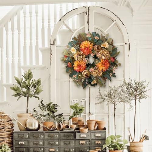 wanna-cul 24in fall front door wreath dahlia hydrangea on a desk or shelf
