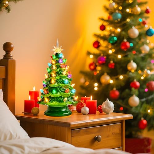 13 inch ceramic christmas tree, tabletop christmas tree, front angle view