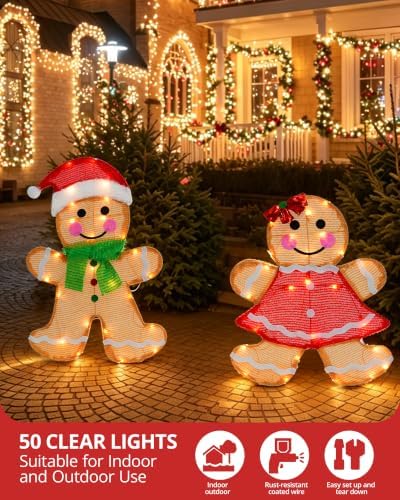 2-piece lighted 2d gingerbread man christmas decorations outdoor shown in use