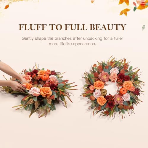 26” fall wreaths for front door, autumn harvest, front angle view