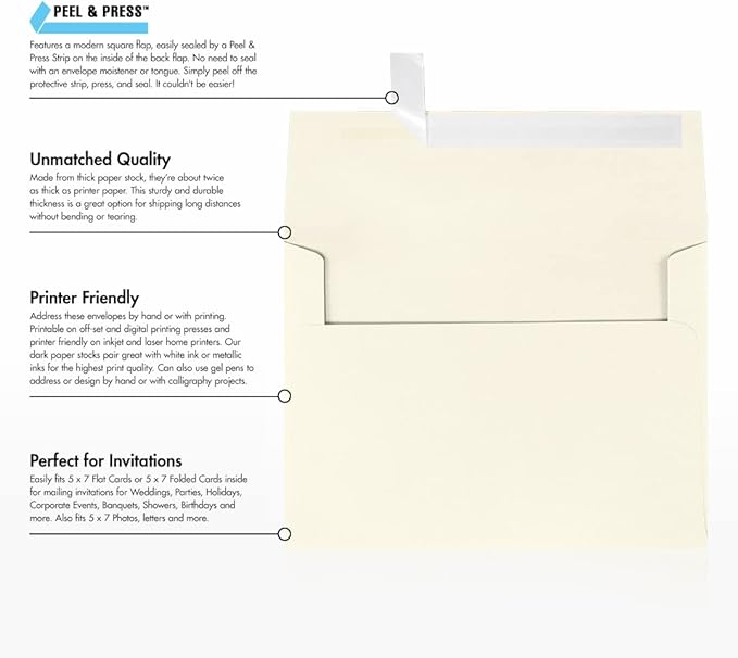 LUXPaper A7 Invitation Envelopes | Peel & Press | 5 1/4" x 7 1/4" | Natural | 80lb. Text | 30% Recycled | 500 Qty