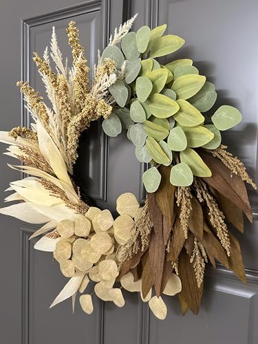 24" fall wreath for front door, faux leaves, front angle view