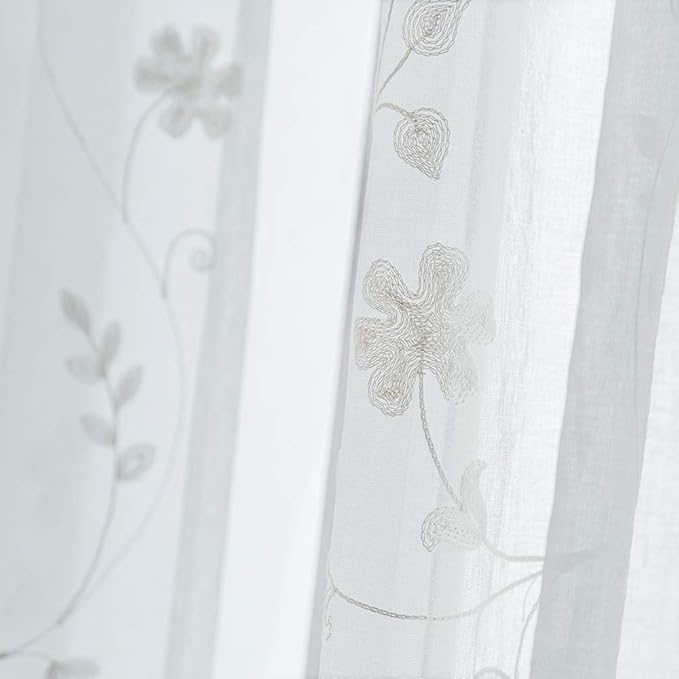 Sheer Curtains White 95 Inches Embroidered Floral, Window Treatments Rod Pocket Drapes for Living room, Bedroom, Semi Crinkle Voile Curtain Panels for Yard, Patio, Villa, Parlor, Set of 2, 52"x95".