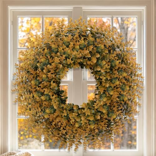 26" artificial fall boxwood wreath for front door, package contents