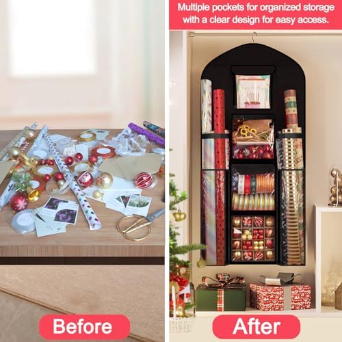 hanging wrapping paper organizer storage, over door gift showing dimensions