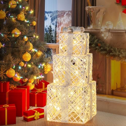 tangkula set of 3 lighted box, pre-lit festive shown in use