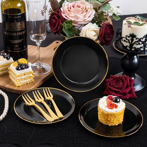 festiva 400pcs black gold dessert plates 6.3" with on a desk or shelf