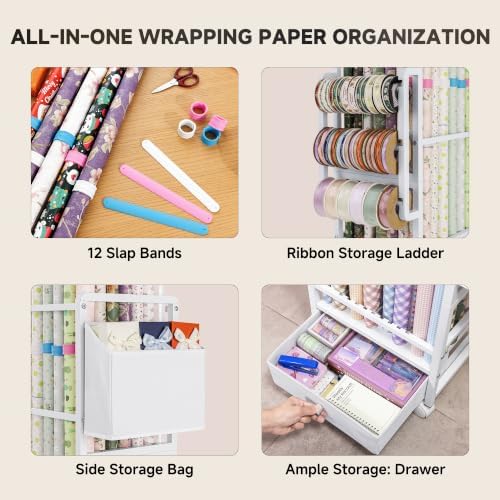 aquzee wrapping paper storage, wrapping paper cart with showing dimensions