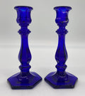 Candlestick Candleholders - Set of 2 - Paneled - American Made - Mosser Glass USA (Cobalt)