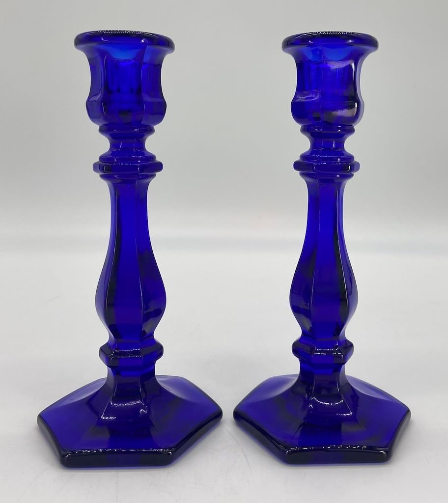 Candlestick Candleholders - Set of 2 - Paneled - American Made - Mosser Glass USA (Cobalt)