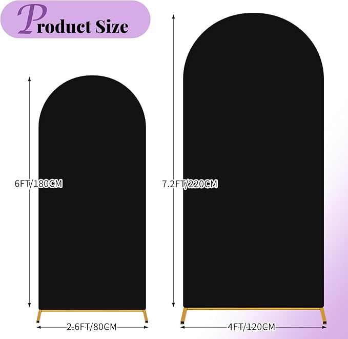 Wedding Arch Cover 6FT 7.2FT Arch Backdrop Cover Fitted Spandex Covers Set of 2 Round Top Chiara Arches Backdrop Stand Covers for Party Birthday Decoration（Black