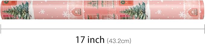 LeZakaa Pink Christmas Wrapping Paper Roll for Girls Kids, Winter Street Scene Romantic Townhouse with Snowflakes for Holiday Gifts, Family Friends, Winter Wonderland, Mini Roll 17 in x 16.4 Ft