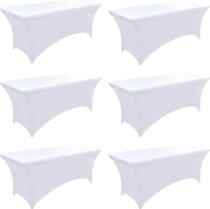 6-Pack 6ft White Spandex Table Covers for Rectangle Standard Folding Tables - Wrinkle Resistant Stretch Tablecloths - Ultimate Fitted Table Protector for Parties, Trade Shows, Wedding