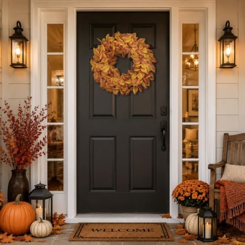 20" fall wreath for front door, artificial autumn, side view