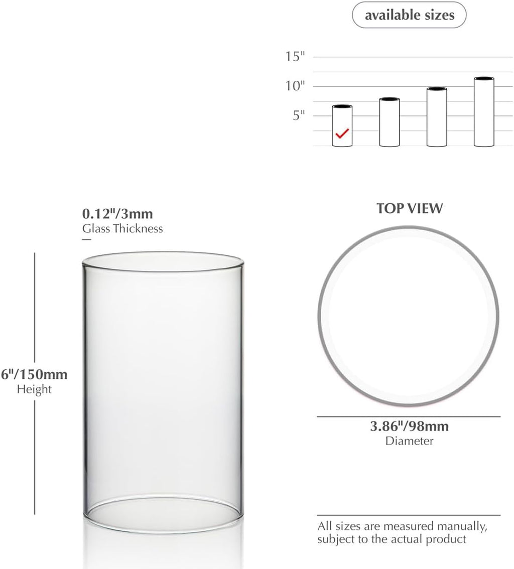 WGVI Hurricane Candle Holder Sleeve, Wide 4", Height 6", Clear Glass Cylinder Candleholder, Chimney Tube, Open Ended Candle Shade, 2 Piece