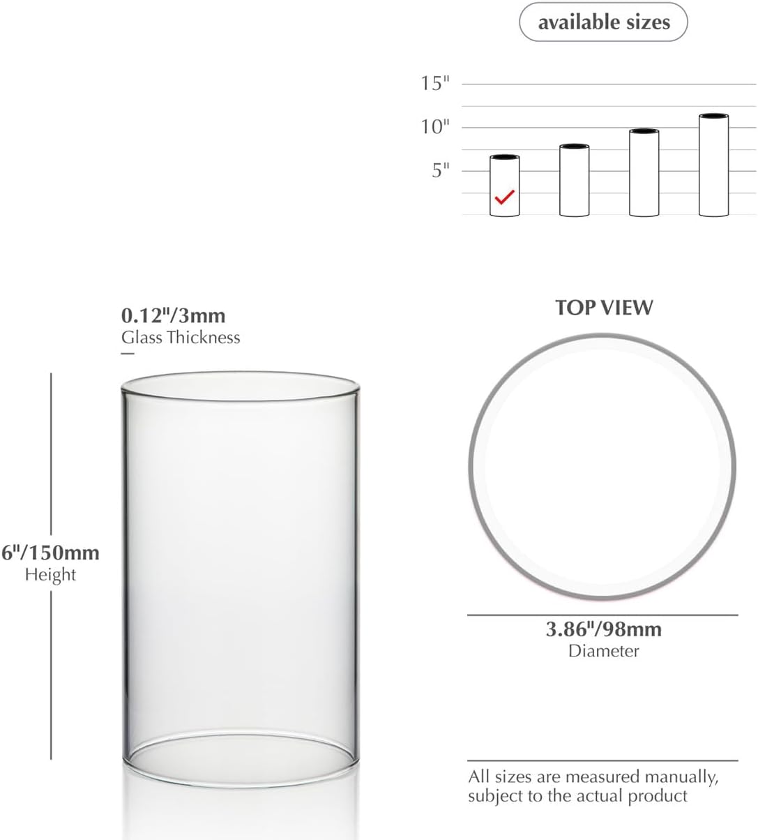 WGVI Hurricane Candle Holder Sleeve, Wide 4", Height 6", Clear Glass Cylinder Candleholder, Chimney Tube, Open Ended Candle Shade, 2 Piece