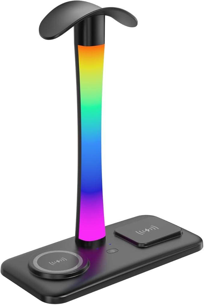 Headphone Stand with Wireless Charger,Gaming HeadsetStand with RGB Light Mode,AirpodMaxStand Compatible with Airpod Pro/3/2,iPhone 16/15/14/13/12/11,Samsung,Gifts for Gamers and Music Lover