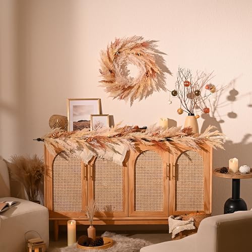 decorbyhannah 24'' neutral fall pampas wreath with lights, front angle view