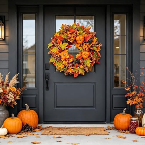24 inch harvest fall wreath, farmhouse pumpkin pinecone, side view
