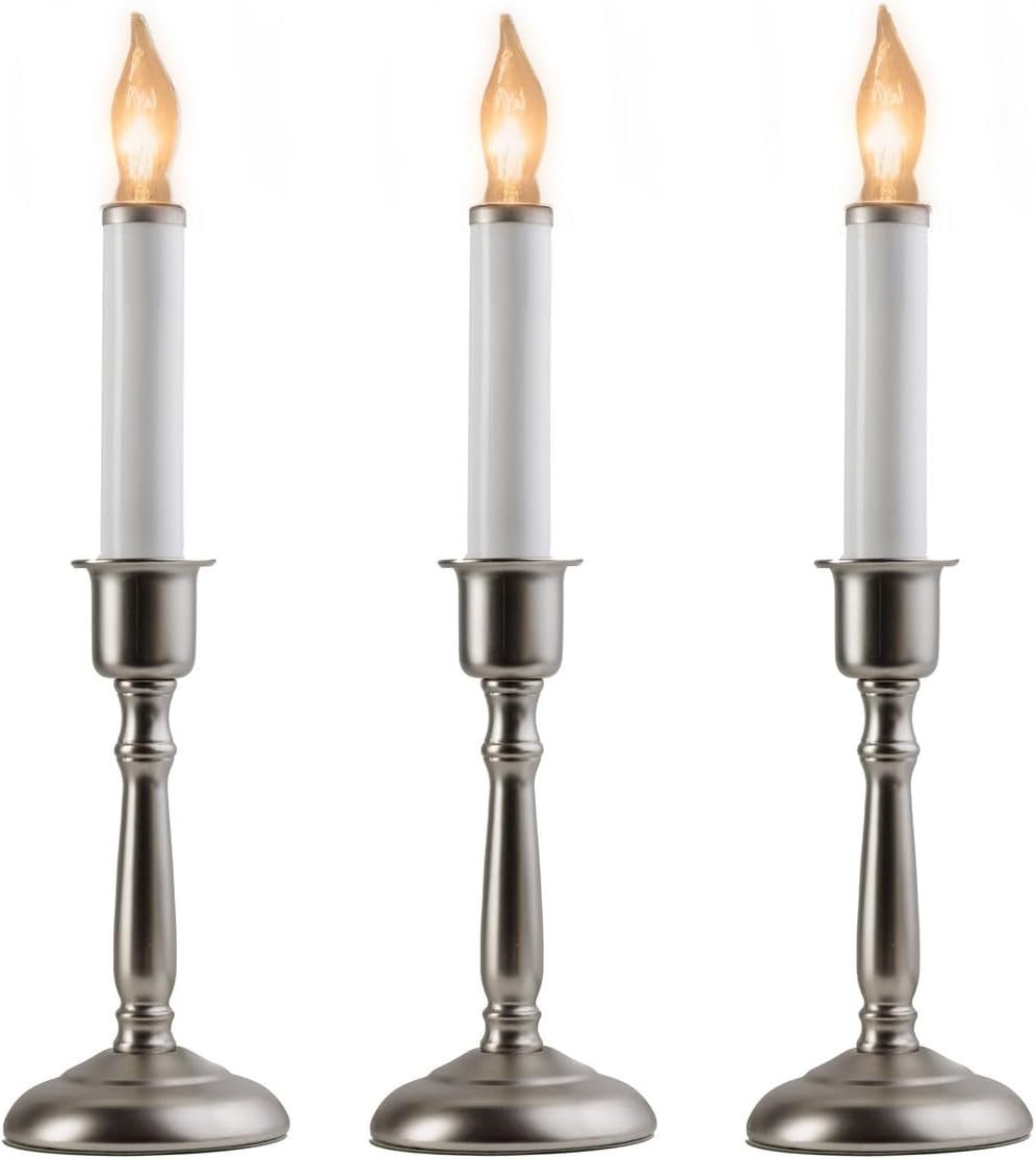 BA201PR3 Bayside Electric Window Candles, Pewter Finish, Traditional Style Candlesticks, 3 Pack