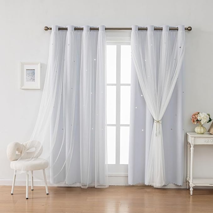Ombre Rainbow Blackout Curtains for Kid Girls Bedroom Living Room Darking Stripe Double Layer Star Cut Out Wall Home Decor Gradient Grommet Window Curtains (Greywish White 84)