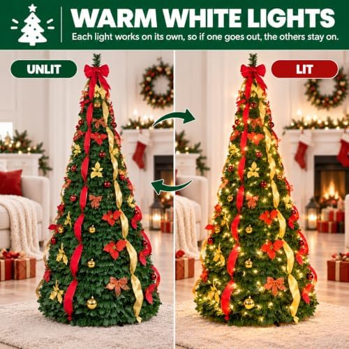 7.5ft prelit pop up christmas tree decoration, collapsible, front angle view