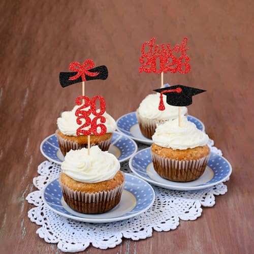 36 PCS 2026 Graduation Theme Cupcake Toppers Glitter Class of 2026 Grad Cap Diploma Cupcake Picks 2026 Graduation Theme Party Cake Decorations Supplies Red
