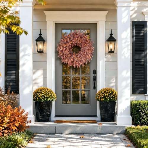 24" artificial fall boxwood wreath for front door, close-up detail