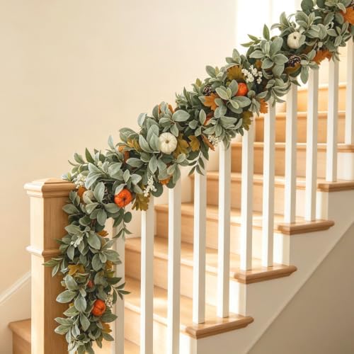 6ft fall garland with lights for autumn mantel, front angle view