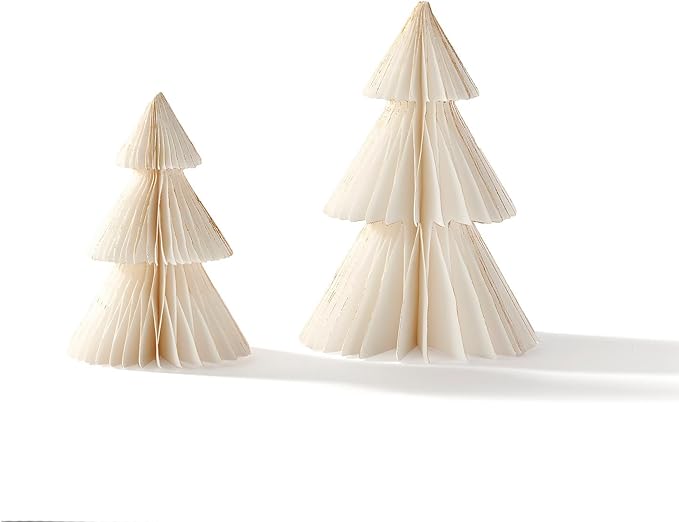 LampLust White Honeycomb Paper Trees, 2 Pack, 6 & 8 Inch, Winter Ornaments, Winter Decorations for Home and Mantel Decor, Winter Wonderland Decorations