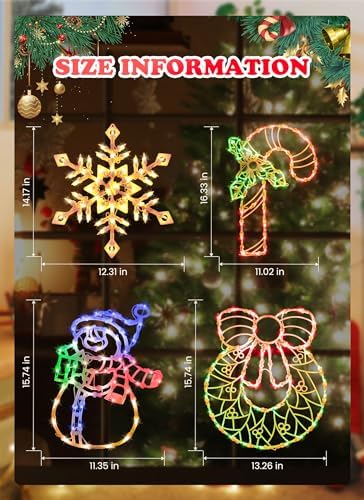 christmas window lights,wreath,candy cane, snowflakes, snow man shown in use