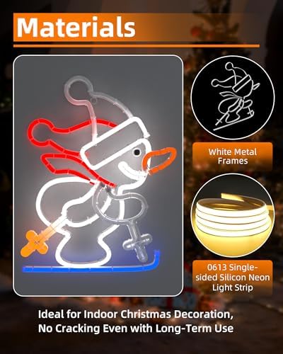 christmas snowman neon sign, skiing snowman led neon showing dimensions