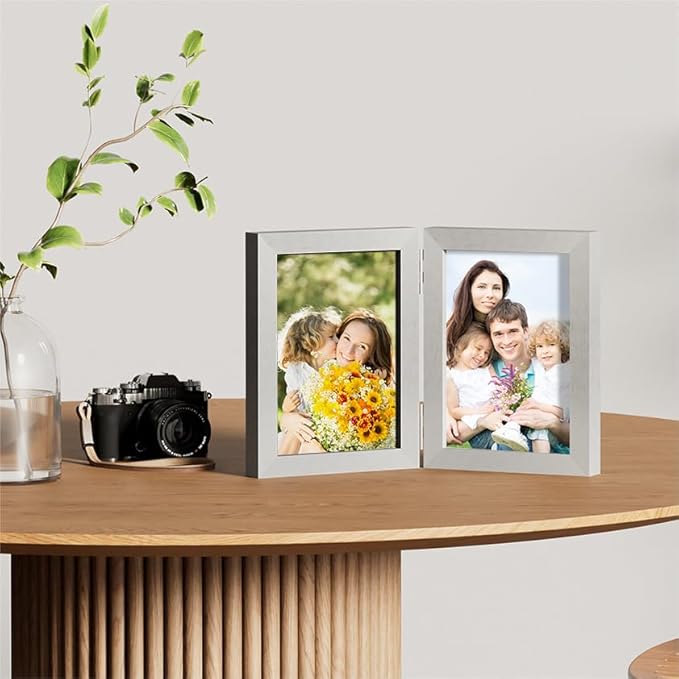 decorUhome Double 5x7 Picture Frame Vertical, Engineered Wood Bifold Photo Frame with Plexiglass for Tabletop Display, 5x7, Silver