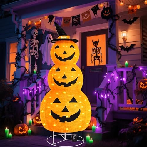 halloween pumpkin decorations, battery operated pre-lit collapsible jack-o-lantern, package contents
