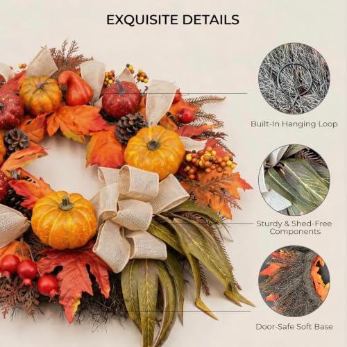 24 inch fall wreath for front door, autumn on a desk or shelf